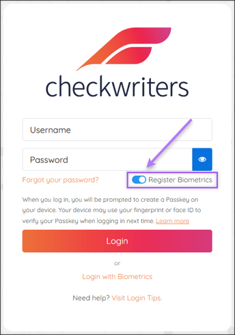 A screenshot of the Checkwriters login page, highlighting the "Register Biometrics" toggle.