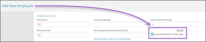 A screenshot of the Add New Employee page, highlighting this Suppress Missing Tax Warnings checkbox.