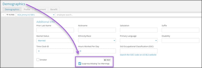 A screenshot of the Employee Demographics page, highlighting this Suppress Missing Tax Warnings checkbox.