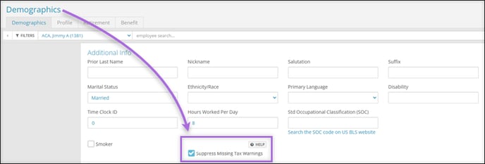 A screenshot of the Employee Demographics page, highlighting this Suppress Missing Tax Warnings checkbox.