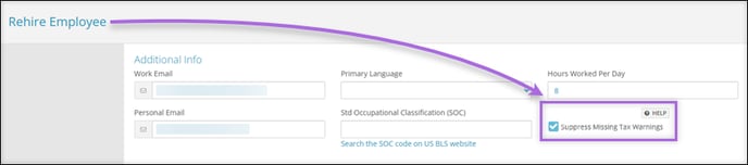 A screenshot of the Rehire Employee page, highlighting this Suppress Missing Tax Warnings checkbox.