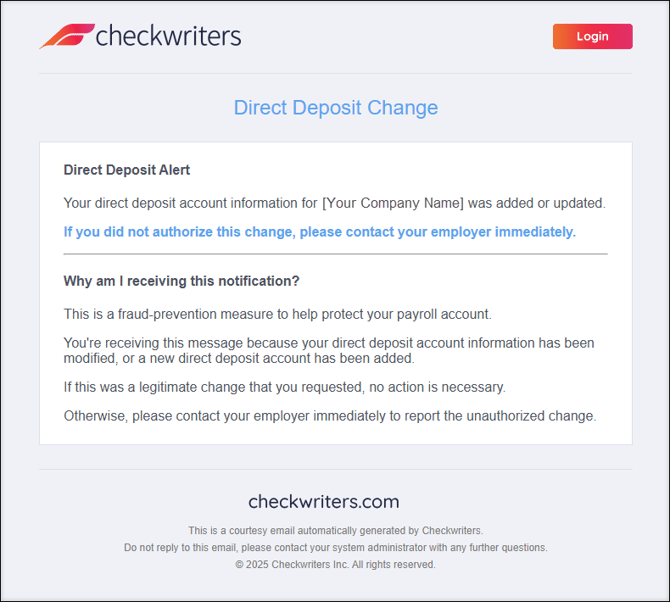 A screenshot of a Direct Deposit Change email notification.