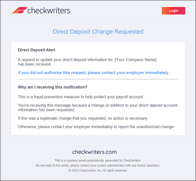 A screenshot of a Direct Deposit Change Request email notification.