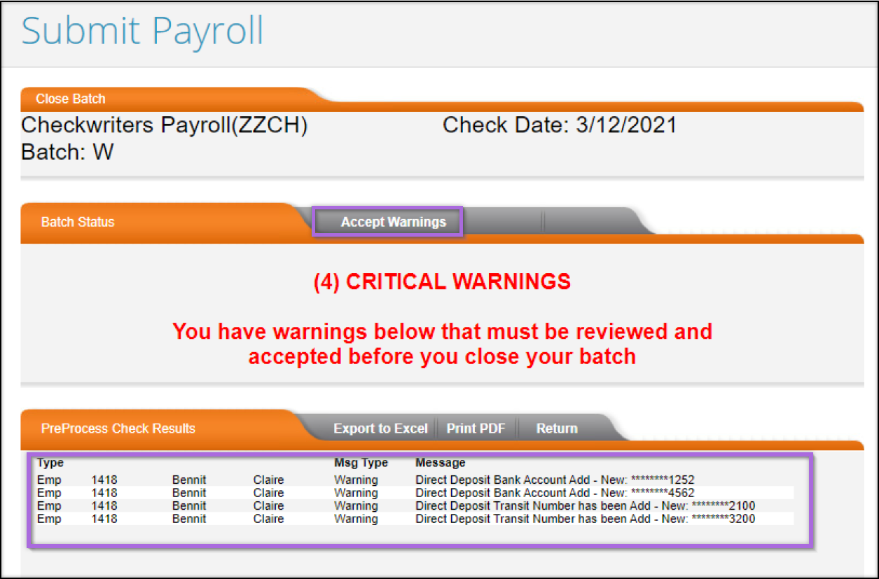 Warnings and Errors in Payroll