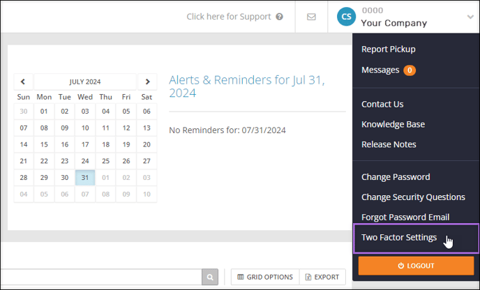 A screenshot of the navigation menu, highlighting Two Factor Setting