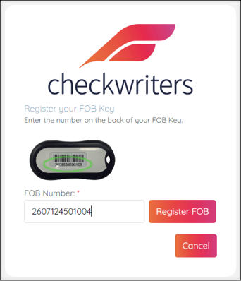 A screenshot of the "Register your FOB Key" page showing the FOB Number field.