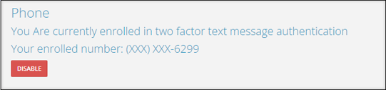 A screenshot of the Phone enrollment option, showing the Disable button.