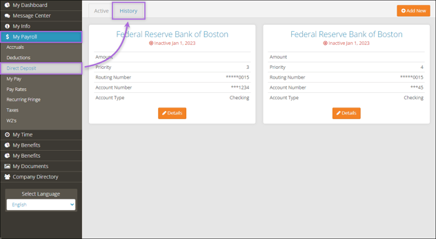 A screenshot of the Direct Deposit page with an arrow pointing to "History"