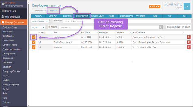 A screenshot of a list of an employee's direct deposits with navigation arrows pointing to "Payroll", "Direct Deposit", and "Edit"