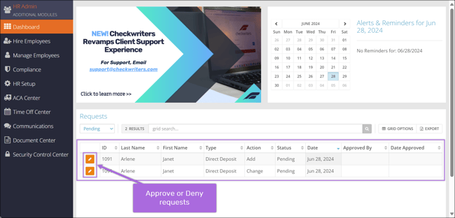 A screenshot of the HR Admin Dashboard showing two Direct Deposit Requests.